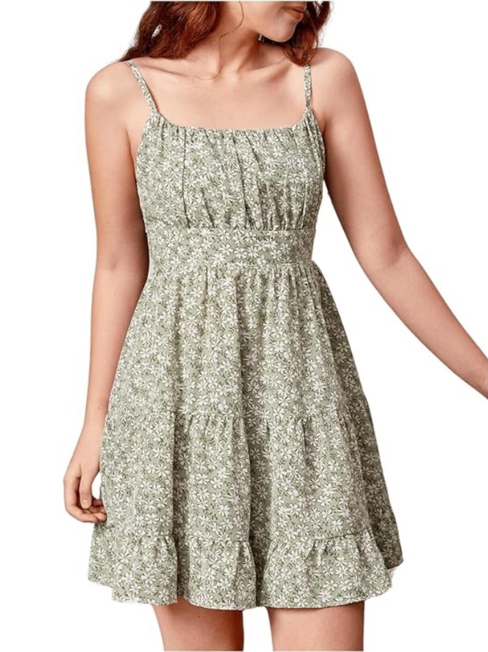 SHEIN Green Floral Smocked Tiered Mini Dress Size L Adjustable Straps
